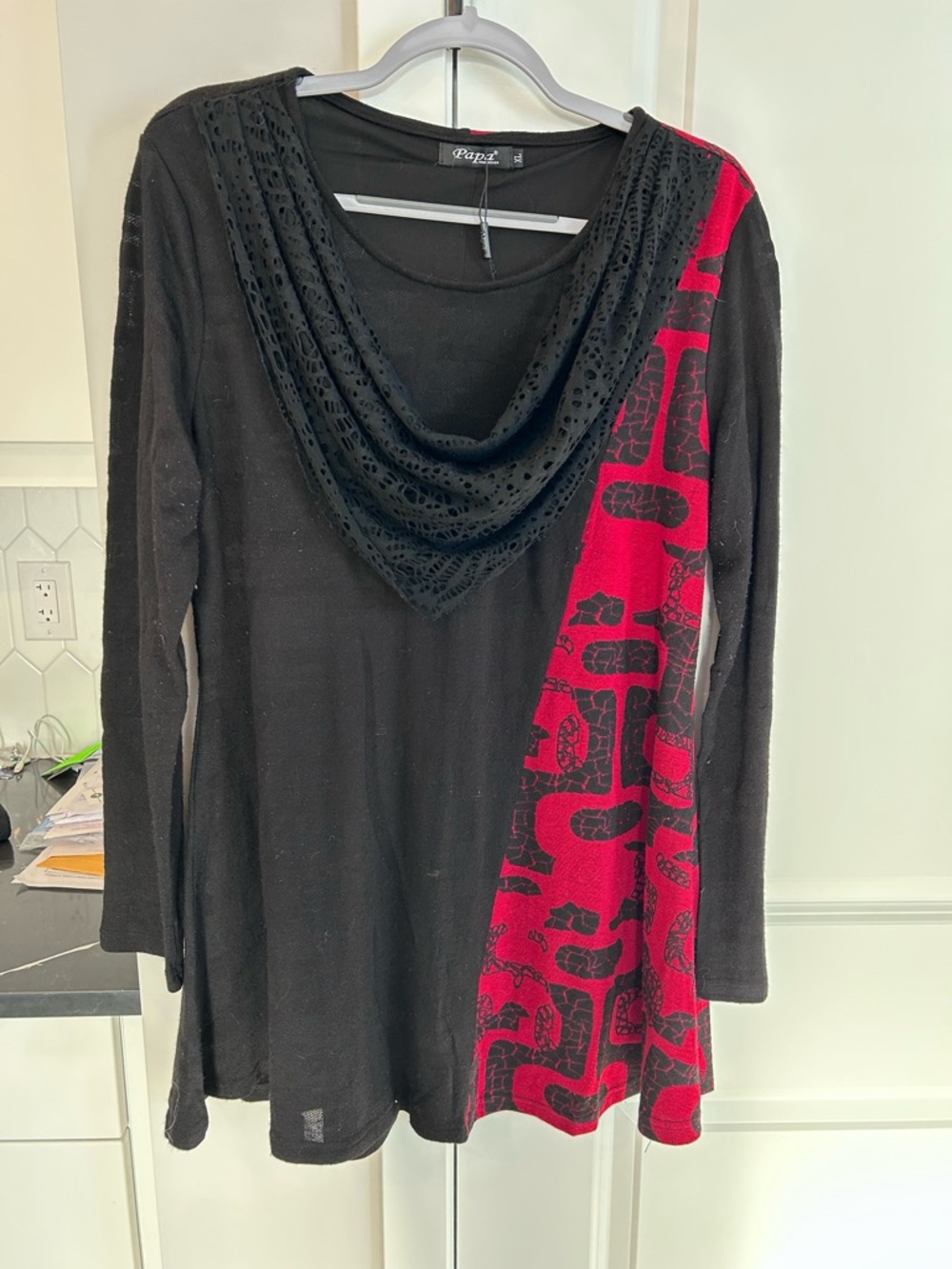 Papa Vancouver Black Red Aztec Print Asymmetrical Cowl Neck Tunic Top Canada Art